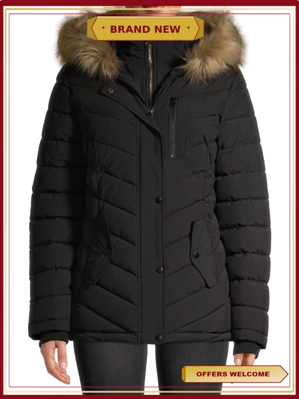 Plus Size Bibbed Solarball Puffer Coat Faux Fur Trim Hood